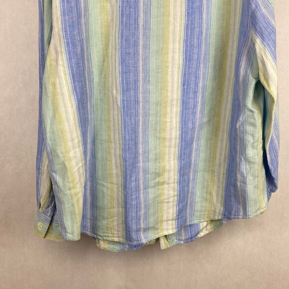 Caribbean Mens Button Down Shirt Size L Linen Cotton Blue Green Cream Stripes Lo - Picture 7 of 10